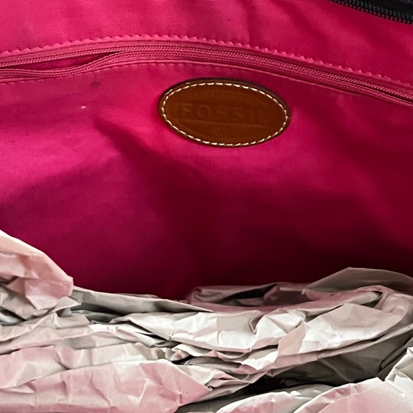 Fossil Owl Print Purse Tote Bag and Wallet Set Blue Brown Leather Trim - Picture 7 of 11